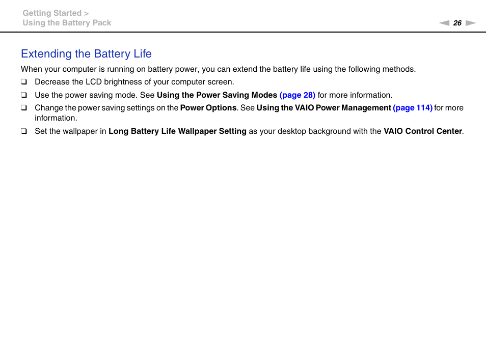 Extending the battery life | Sony VPCS111FM User Manual | Page 26 / 185