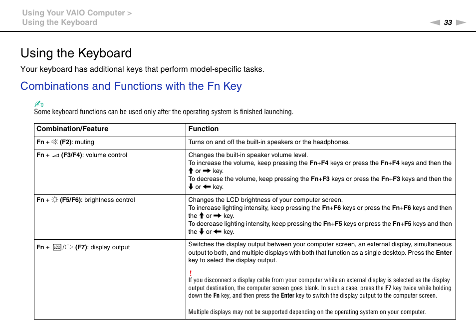 Using the keyboard, Combinations and functions with the fn key | Sony VPCS111FM User Manual | Page 33 / 185