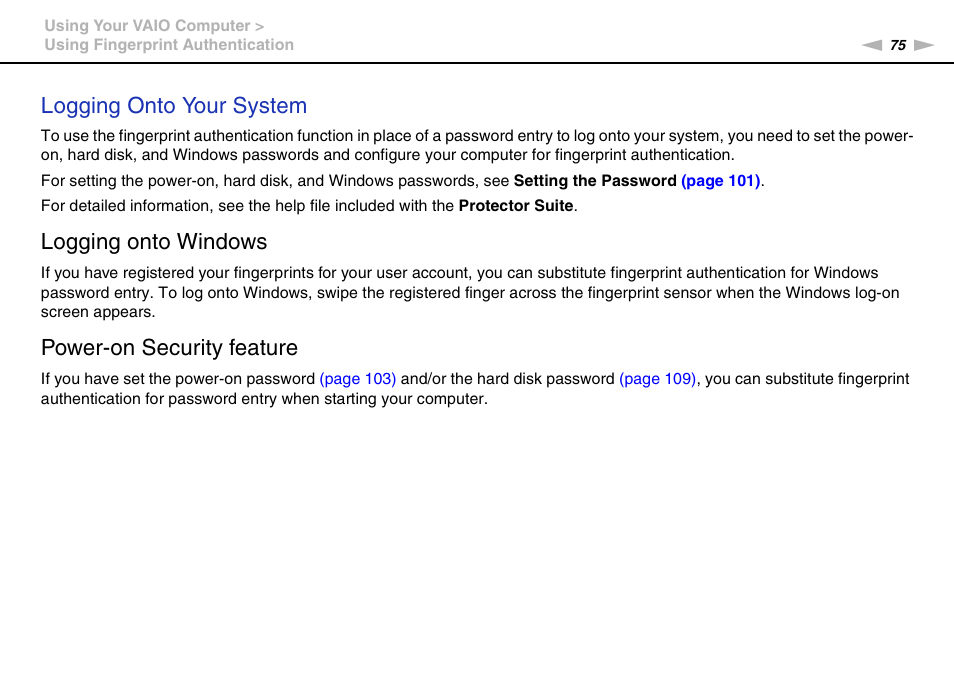 Logging onto your system, Logging onto windows, Power-on security feature | Sony VPCS111FM User Manual | Page 75 / 185