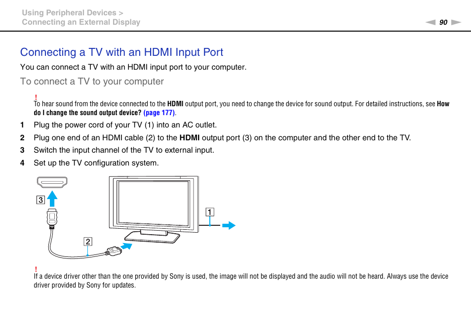 Connecting a tv with an hdmi input port | Sony VPCS111FM User Manual | Page 90 / 185