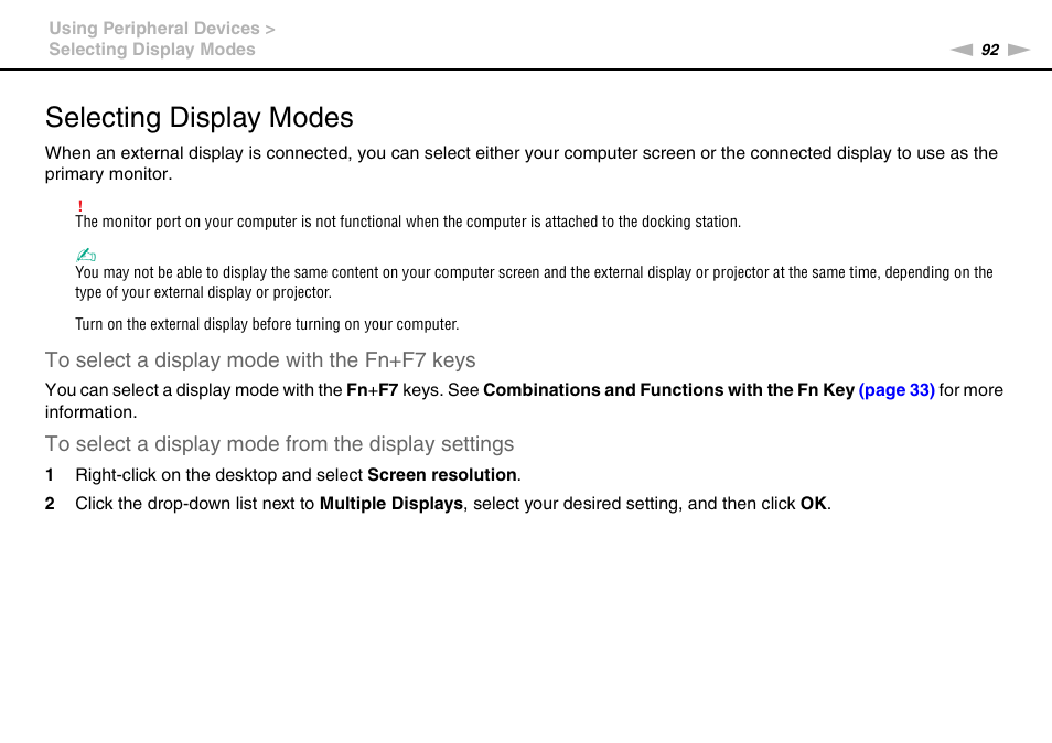 Selecting display modes | Sony VPCS111FM User Manual | Page 92 / 185