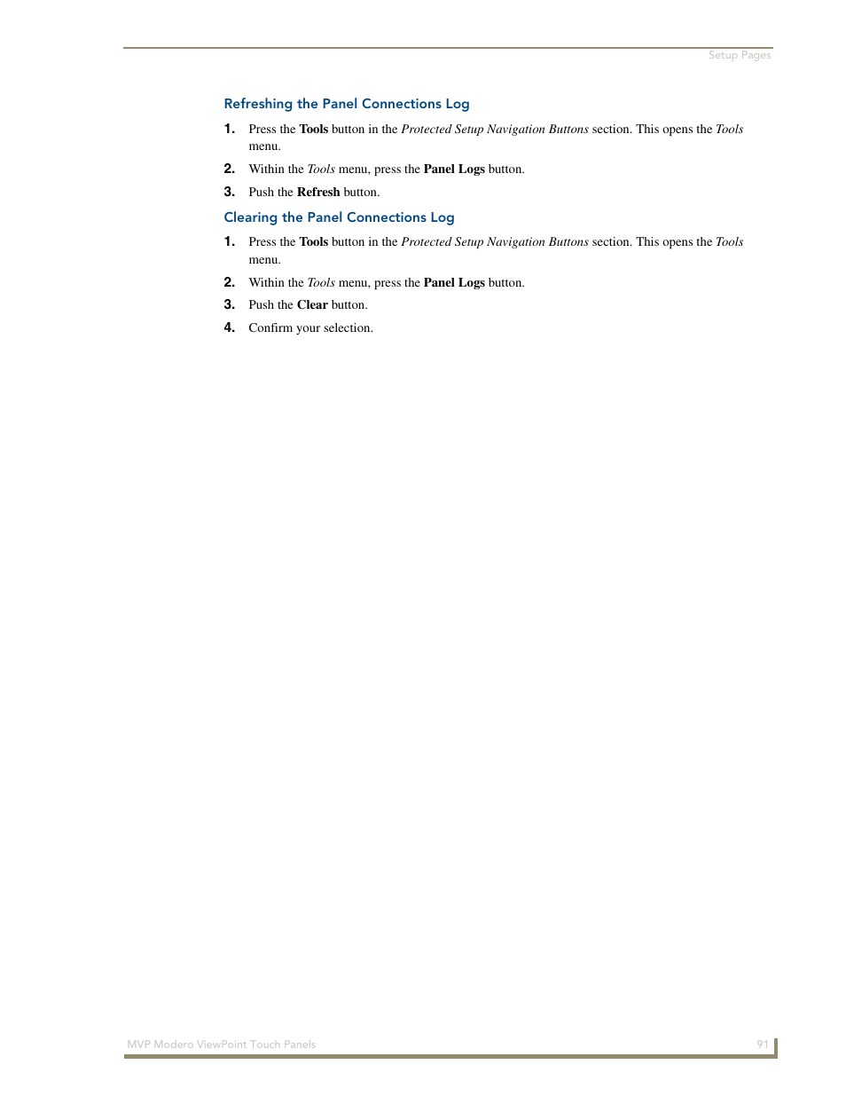 Refreshing the panel connections log, Clearing the panel connections log | AMX Modero ViewPoint MVP-8400 User Manual | Page 105 / 212