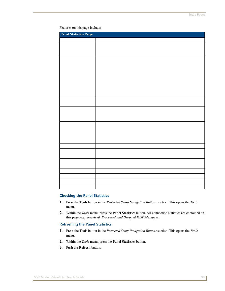 Checking the panel statistics, Refreshing the panel statistics | AMX Modero ViewPoint MVP-8400 User Manual | Page 107 / 212