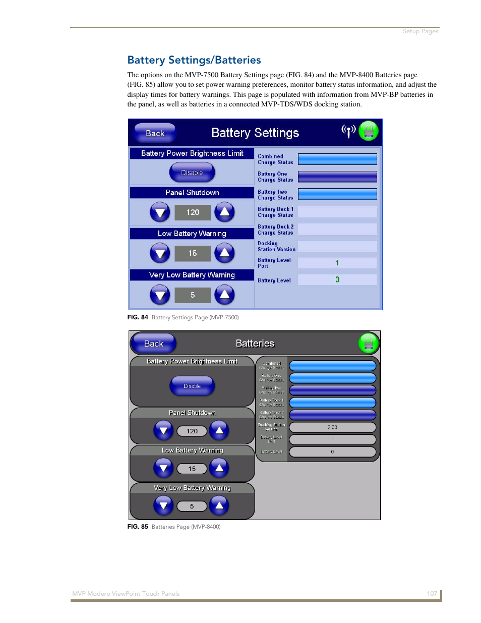 Battery settings/batteries | AMX Modero ViewPoint MVP-8400 User Manual | Page 121 / 212