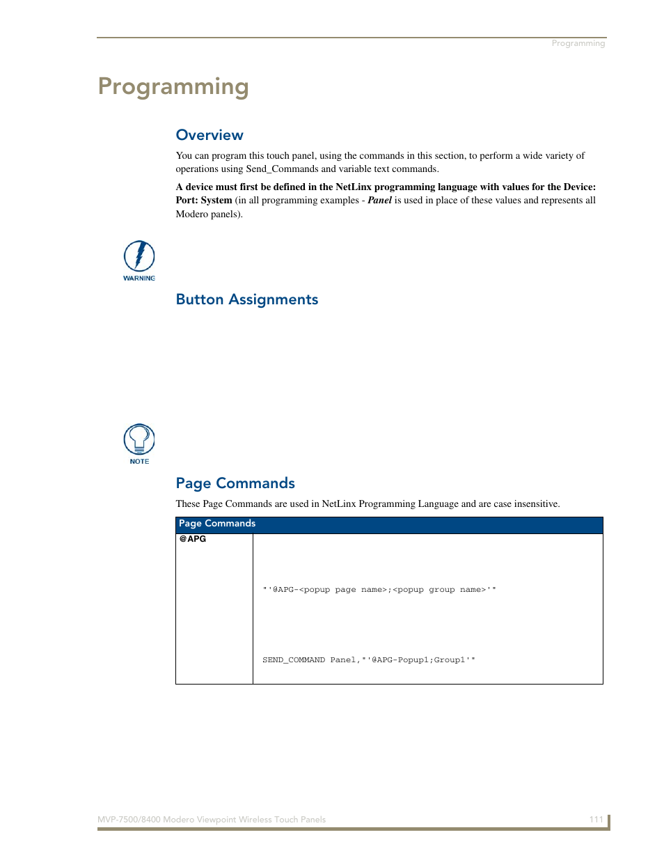 Programming, Overview, Button assignments | Button assignments page commands | AMX Modero ViewPoint MVP-8400 User Manual | Page 125 / 212