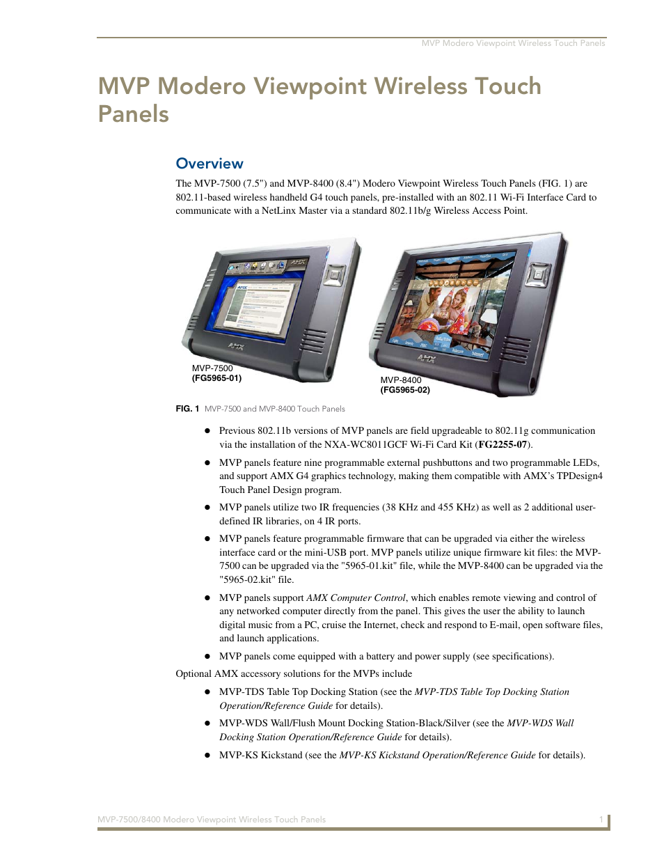 Mvp modero viewpoint wireless touch panels, Overview | AMX Modero ViewPoint MVP-8400 User Manual | Page 15 / 212