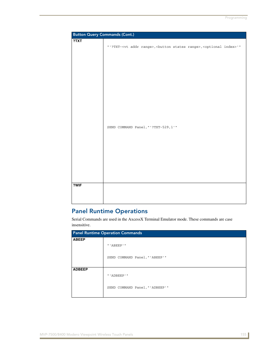 Panel runtime operations, Abeep, Adbeep | Abeep adbeep ?txt ?wif | AMX Modero ViewPoint MVP-8400 User Manual | Page 169 / 212