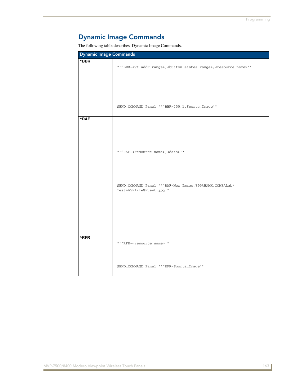 Dynamic image commands, Bbr ^raf ^rfr | AMX Modero ViewPoint MVP-8400 User Manual | Page 177 / 212