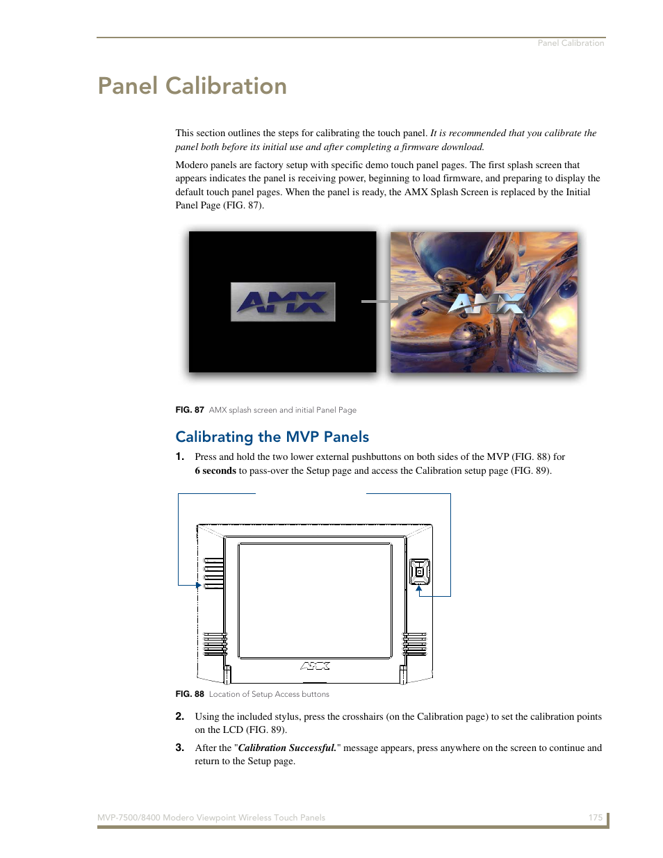 Panel calibration, Calibrating the mvp panels | AMX Modero ViewPoint MVP-8400 User Manual | Page 189 / 212