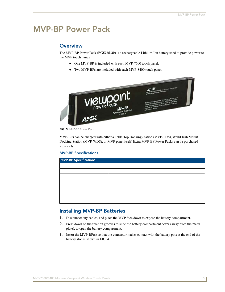 Mvp-bp power pack, Overview, Mvp-bp specifications | Installing mvp-bp batteries | AMX Modero ViewPoint MVP-8400 User Manual | Page 19 / 212