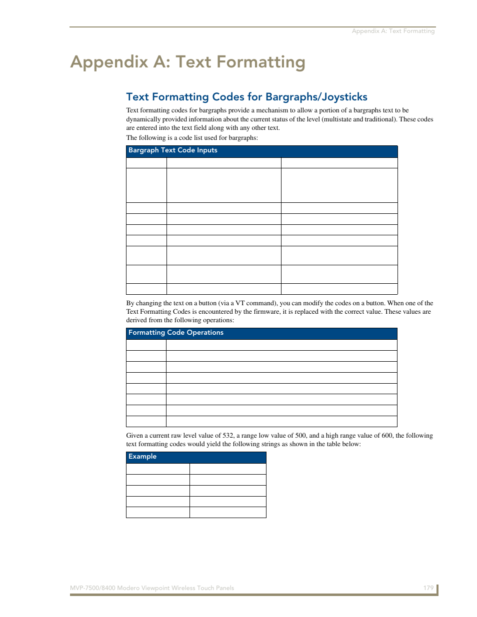 Appendix a: text formatting, Text formatting codes for bargraphs/joysticks | AMX Modero ViewPoint MVP-8400 User Manual | Page 193 / 212