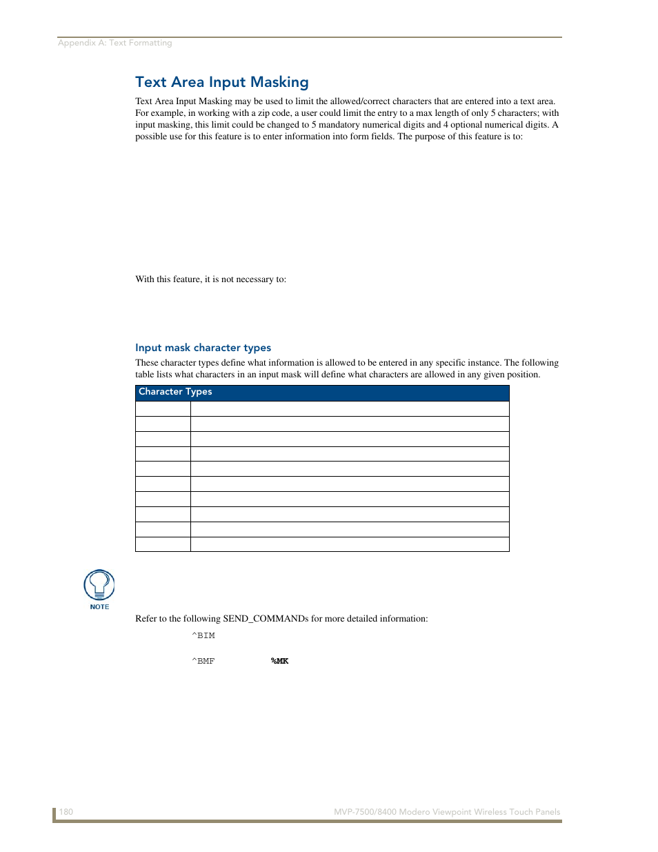 Text area input masking, Input mask character types | AMX Modero ViewPoint MVP-8400 User Manual | Page 194 / 212