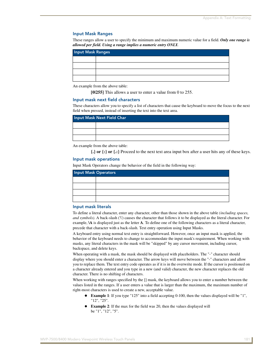 Input mask ranges, Input mask next field characters, Input mask operations | Input mask literals | AMX Modero ViewPoint MVP-8400 User Manual | Page 195 / 212