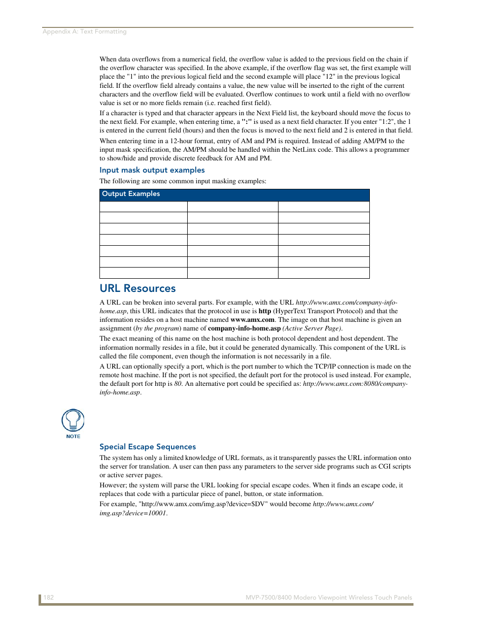 Input mask output examples, Url resources, Special escape sequences | AMX Modero ViewPoint MVP-8400 User Manual | Page 196 / 212