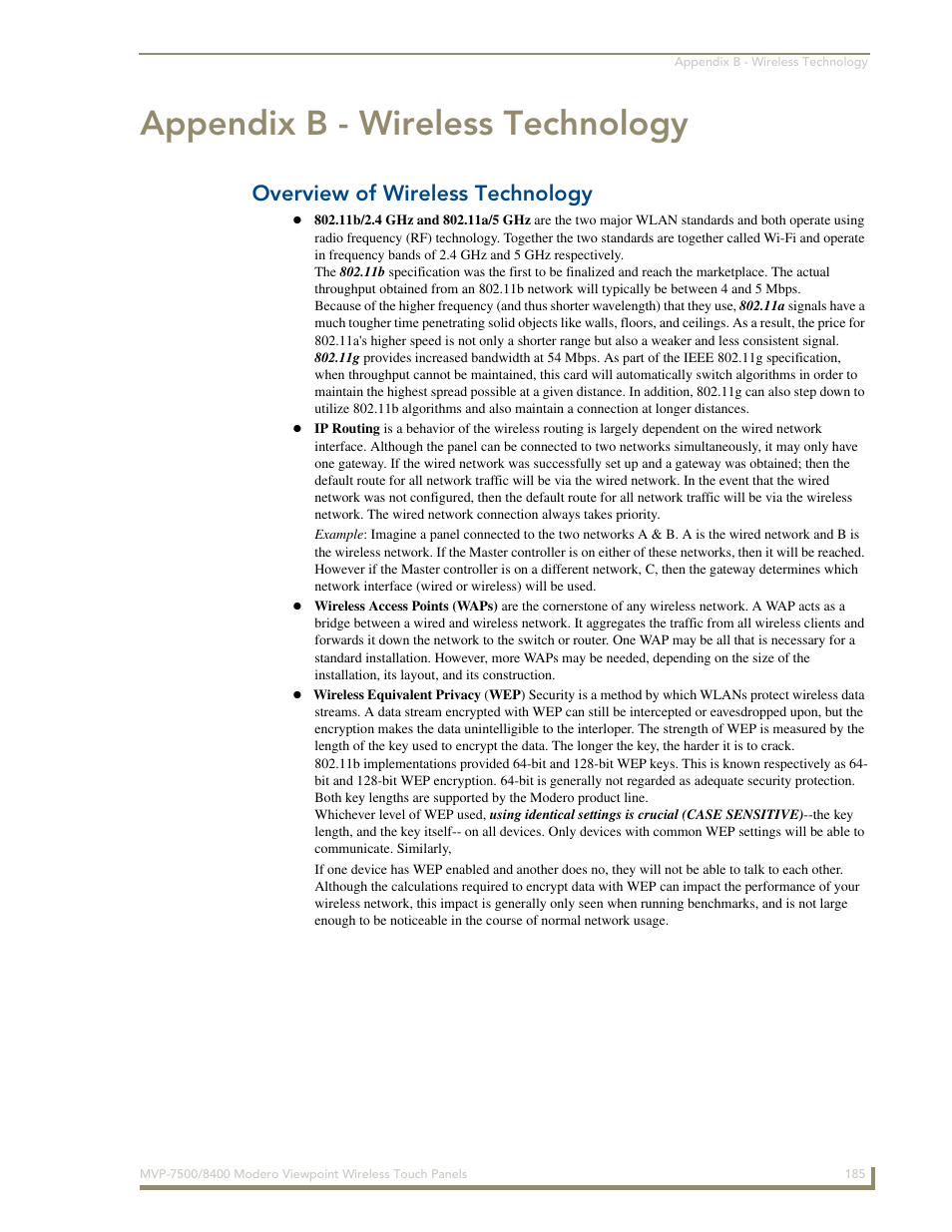 Appendix b - wireless technology, Overview of wireless technology | AMX Modero ViewPoint MVP-8400 User Manual | Page 199 / 212