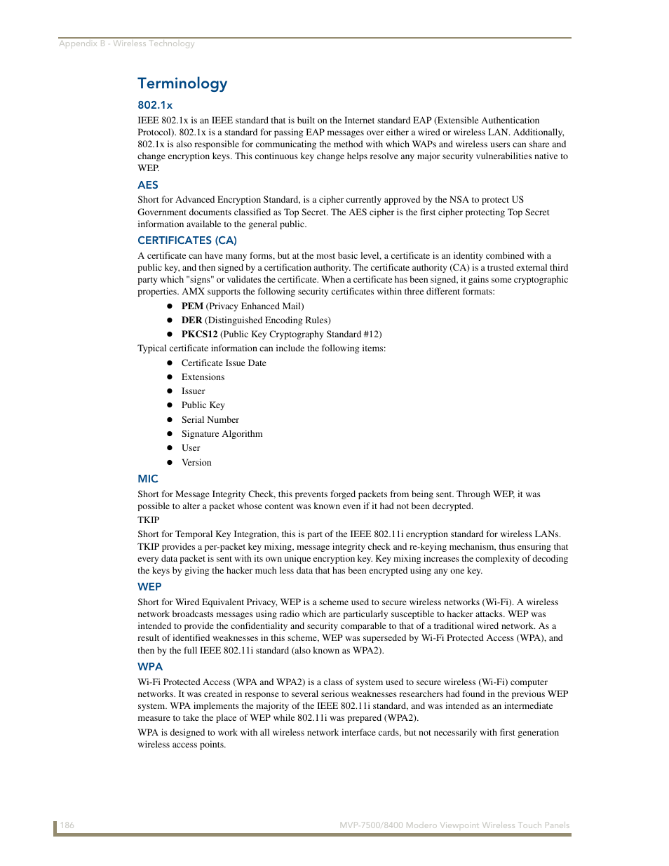 Terminology, Certificates (ca) | AMX Modero ViewPoint MVP-8400 User Manual | Page 200 / 212