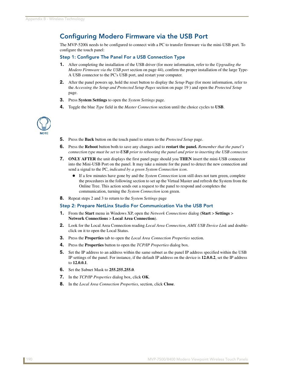 Configuring modero firmware via the usb port | AMX Modero ViewPoint MVP-8400 User Manual | Page 204 / 212