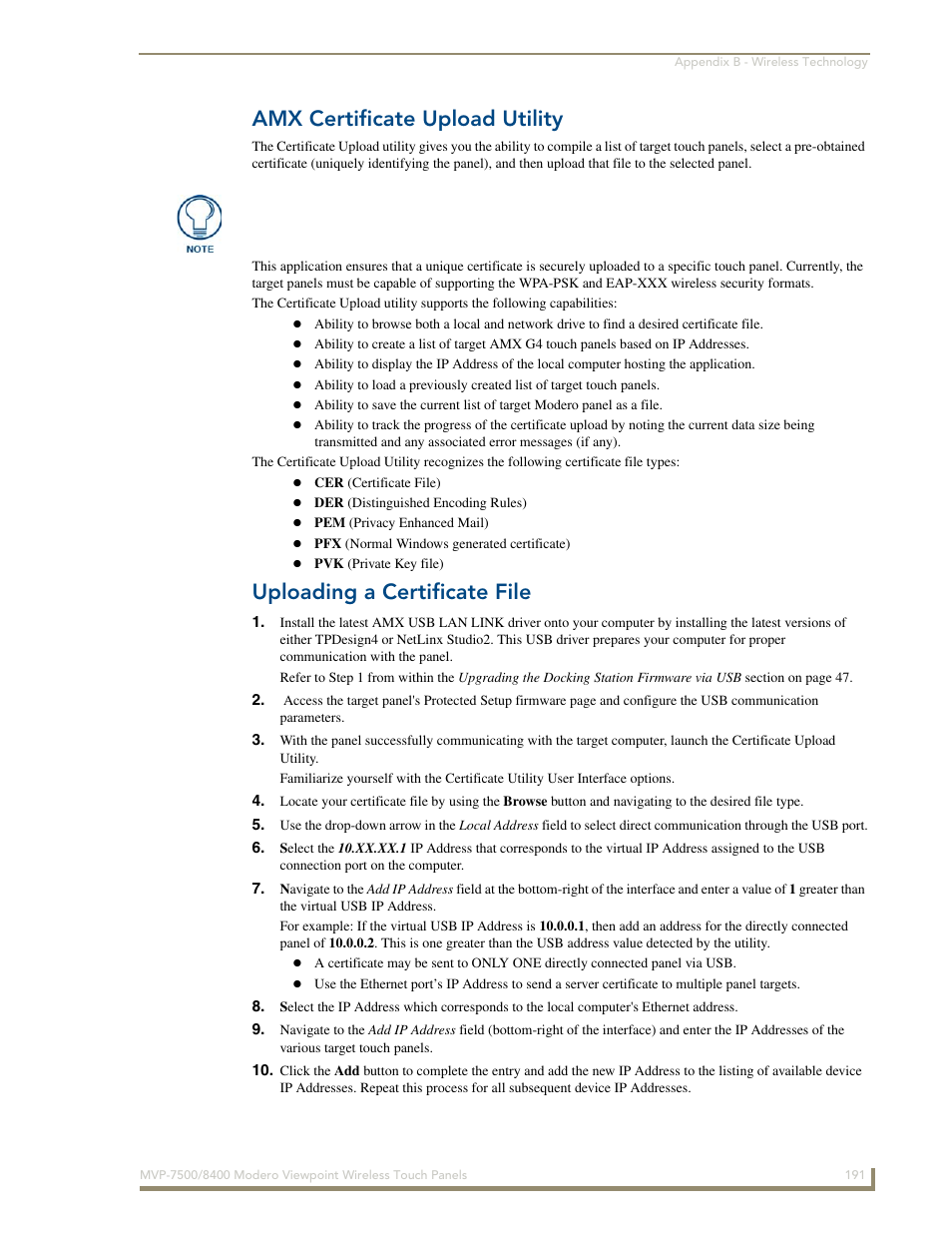Amx certificate upload utility, Uploading a certificate file | AMX Modero ViewPoint MVP-8400 User Manual | Page 205 / 212
