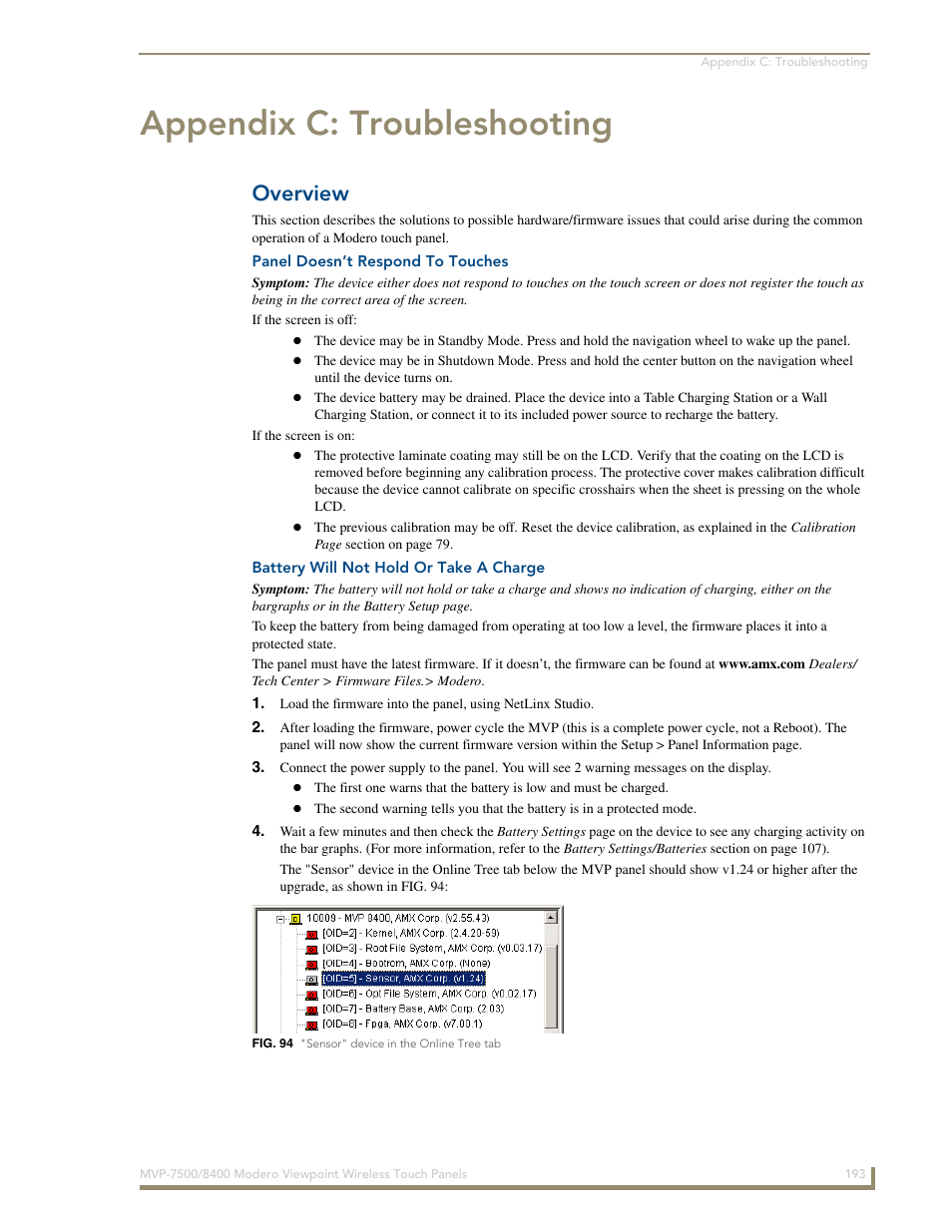 Appendix c: troubleshooting, Overview, Panel doesn’t respond to touches | Battery will not hold or take a charge | AMX Modero ViewPoint MVP-8400 User Manual | Page 207 / 212
