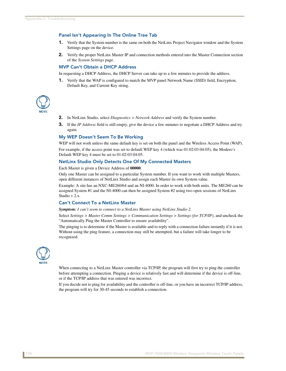 Panel isn’t appearing in the online tree tab, Mvp can’t obtain a dhcp address, My wep doesn’t seem to be working | Can’t connect to a netlinx master | AMX Modero ViewPoint MVP-8400 User Manual | Page 208 / 212