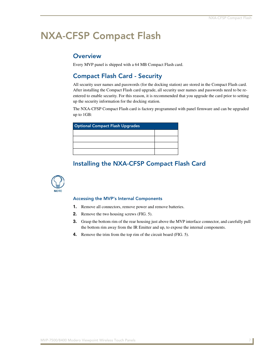 Nxa-cfsp compact flash, Overview, Compact flash card - security | Installing the nxa-cfsp compact flash card, Accessing the mvp’s internal components | AMX Modero ViewPoint MVP-8400 User Manual | Page 21 / 212