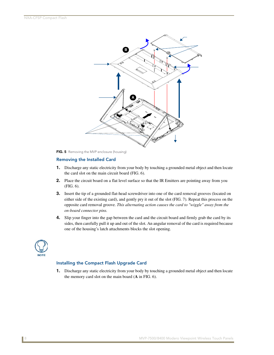 Removing the installed card, Installing the compact flash upgrade card | AMX Modero ViewPoint MVP-8400 User Manual | Page 22 / 212