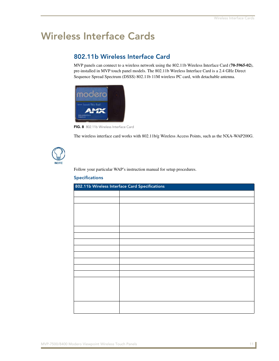 Wireless interface cards, 11b wireless interface card, Specifications | AMX Modero ViewPoint MVP-8400 User Manual | Page 25 / 212