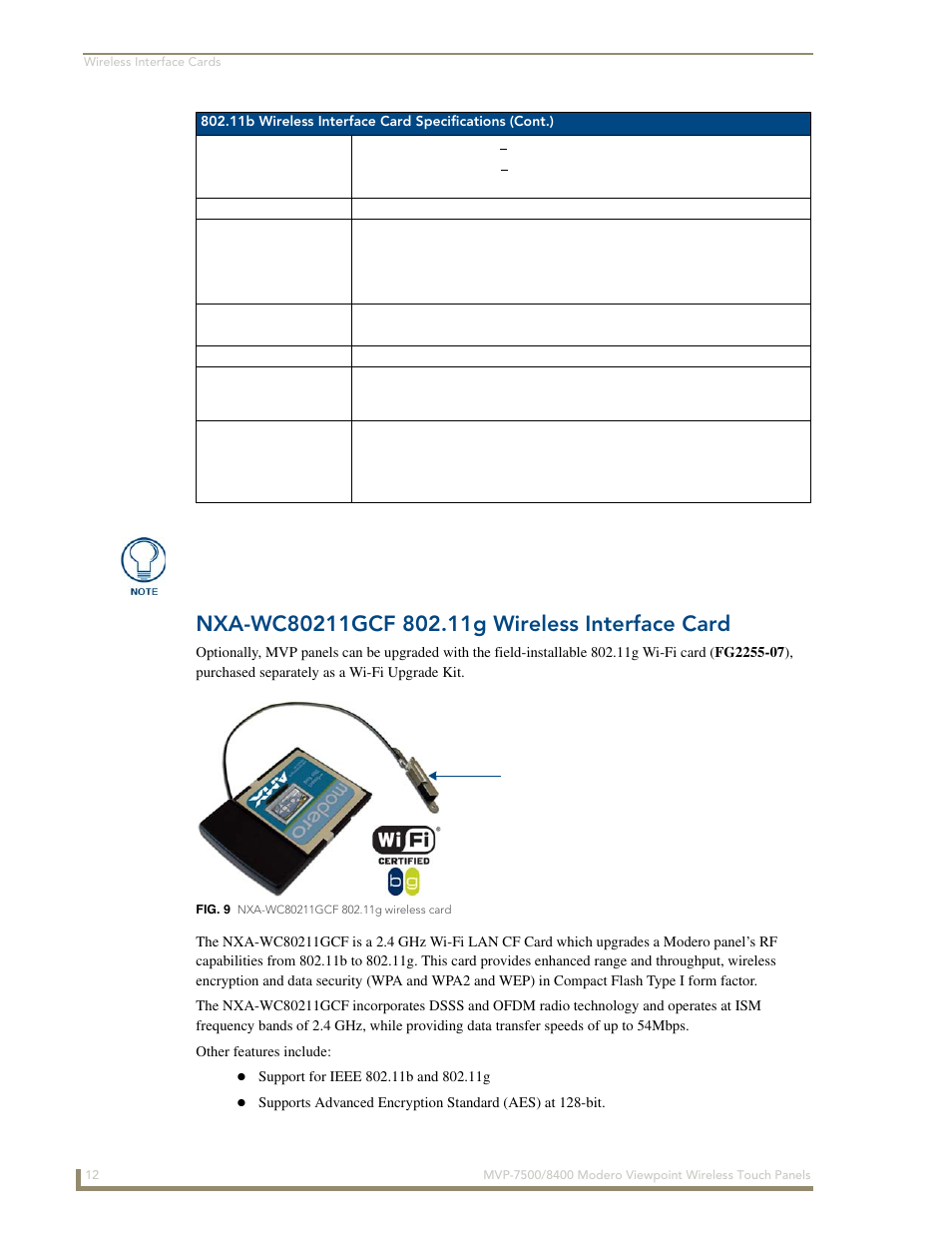 Nxa-wc80211gcf 802.11g wireless interface card | AMX Modero ViewPoint MVP-8400 User Manual | Page 26 / 212