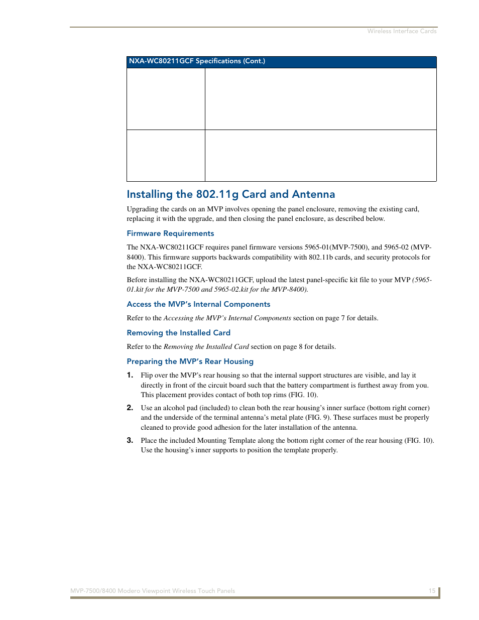Installing the 802.11g card and antenna, Firmware requirements, Access the mvp’s internal components | Removing the installed card, Preparing the mvp’s rear housing | AMX Modero ViewPoint MVP-8400 User Manual | Page 29 / 212