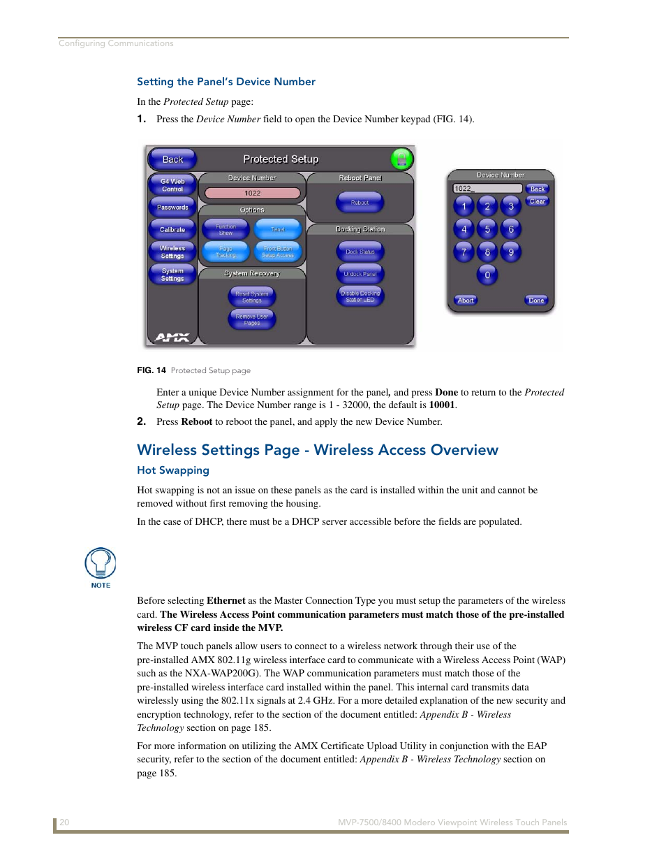 Setting the panel’s device number, Hot swapping, Wireless settings page - wireless access overview | AMX Modero ViewPoint MVP-8400 User Manual | Page 34 / 212