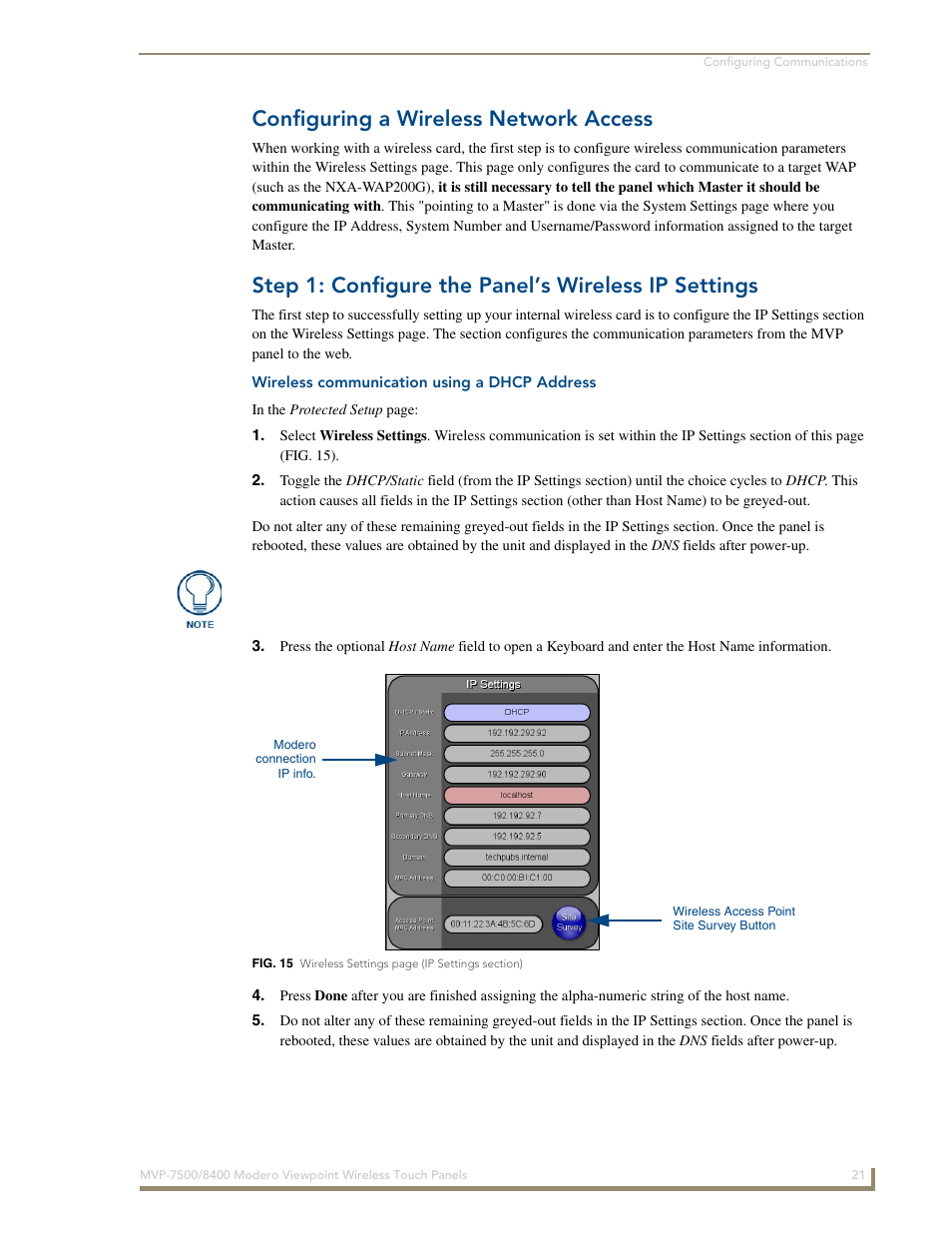 Configuring a wireless network access, Step 1: configure the panel’s wireless ip settings, Wireless communication using a dhcp address | AMX Modero ViewPoint MVP-8400 User Manual | Page 35 / 212