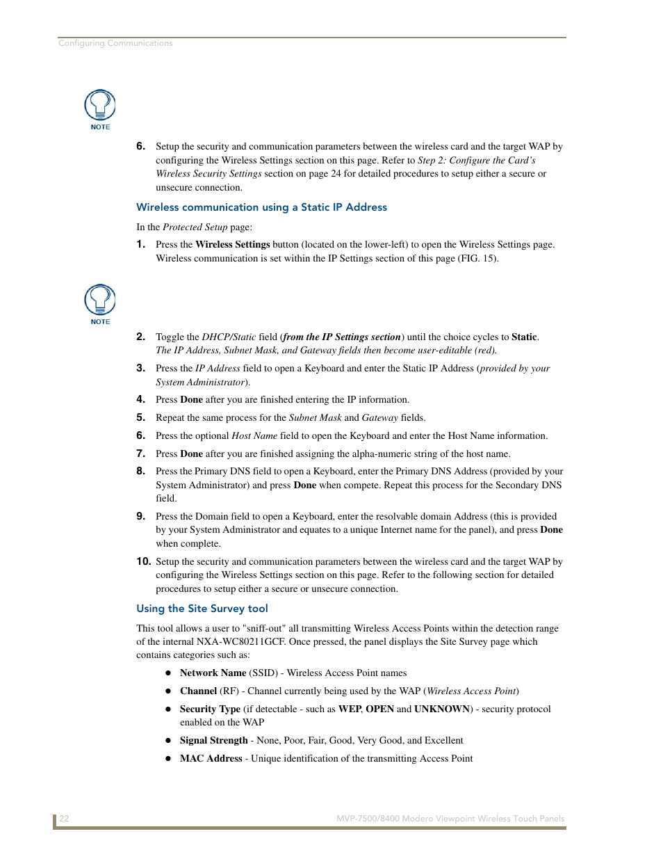 Wireless communication using a static ip address, Using the site survey tool | AMX Modero ViewPoint MVP-8400 User Manual | Page 36 / 212