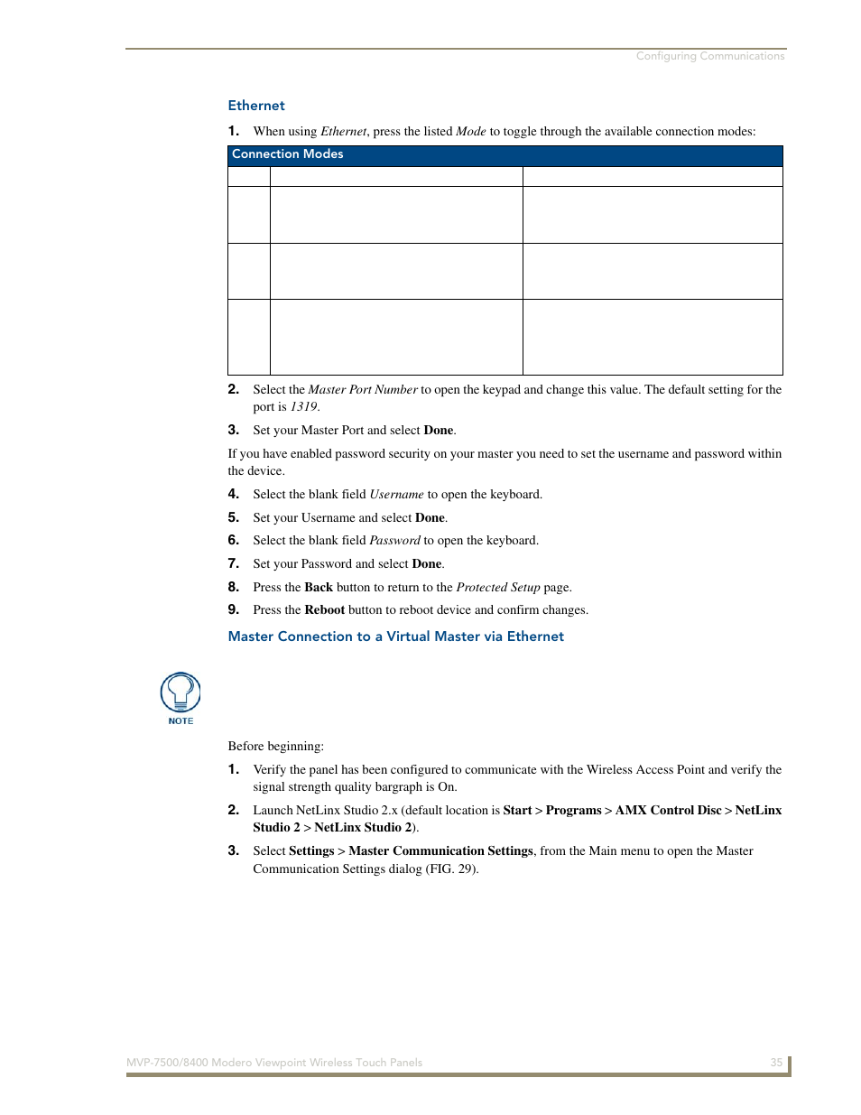 Ethernet, Master connection to a virtual master via ethernet | AMX Modero ViewPoint MVP-8400 User Manual | Page 49 / 212