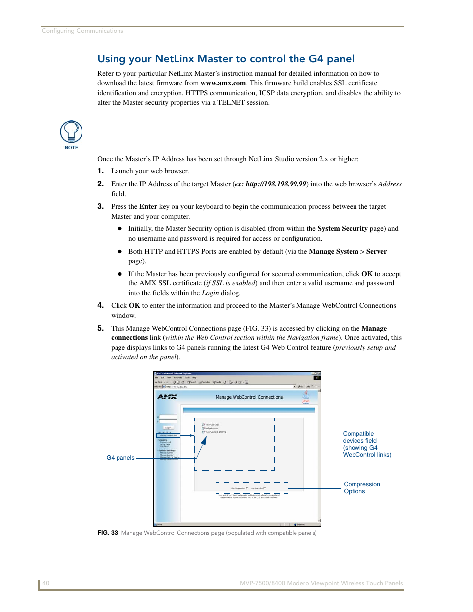 Using your netlinx master to control the g4 panel | AMX Modero ViewPoint MVP-8400 User Manual | Page 54 / 212