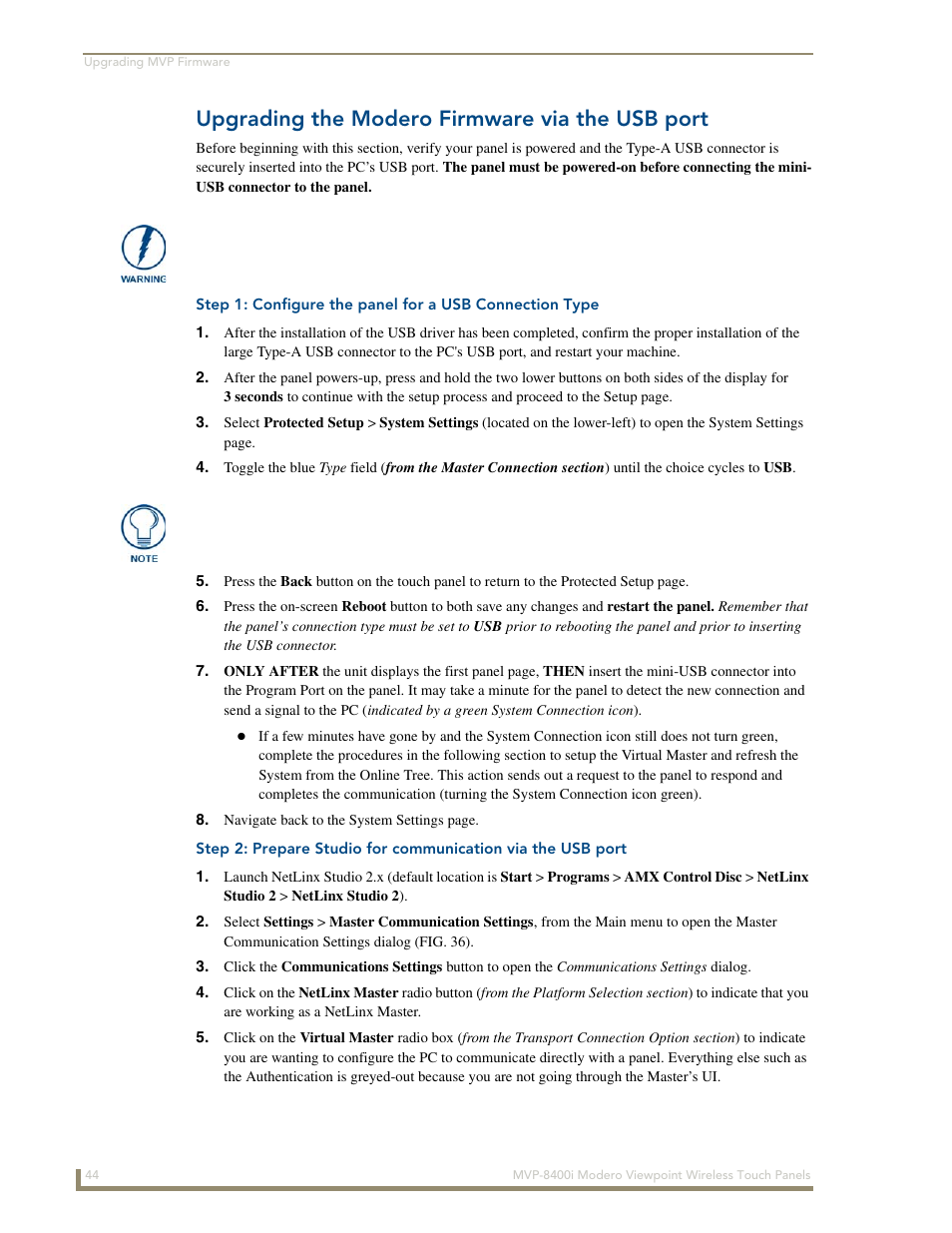 Upgrading the modero firmware via the usb port | AMX Modero ViewPoint MVP-8400 User Manual | Page 58 / 212