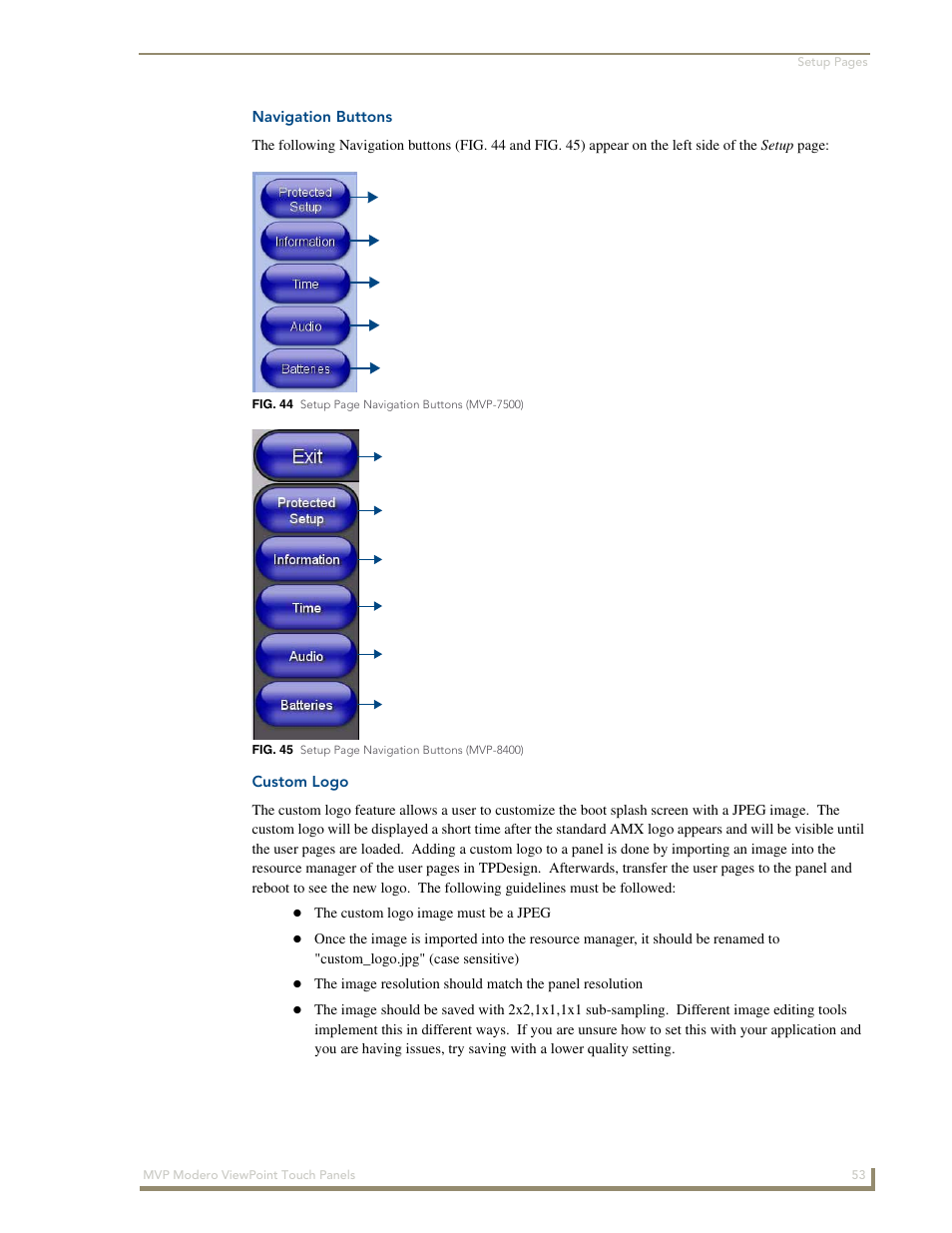 Navigation buttons, Custom logo | AMX Modero ViewPoint MVP-8400 User Manual | Page 67 / 212