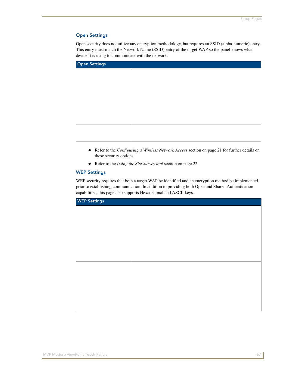 Open settings, Wep settings | AMX Modero ViewPoint MVP-8400 User Manual | Page 81 / 212