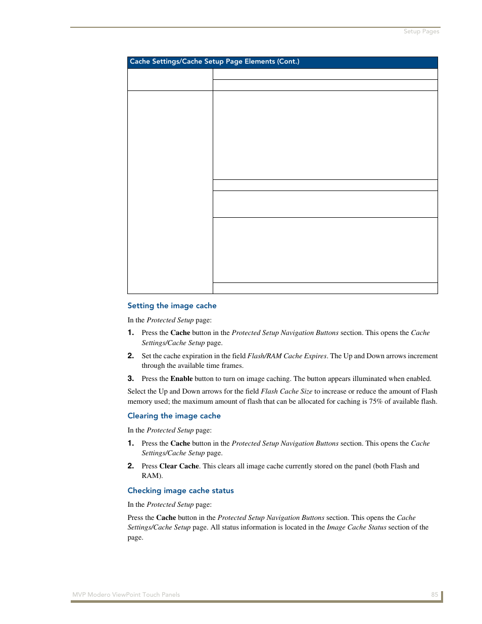 Setting the image cache, Clearing the image cache, Checking image cache status | AMX Modero ViewPoint MVP-8400 User Manual | Page 99 / 212