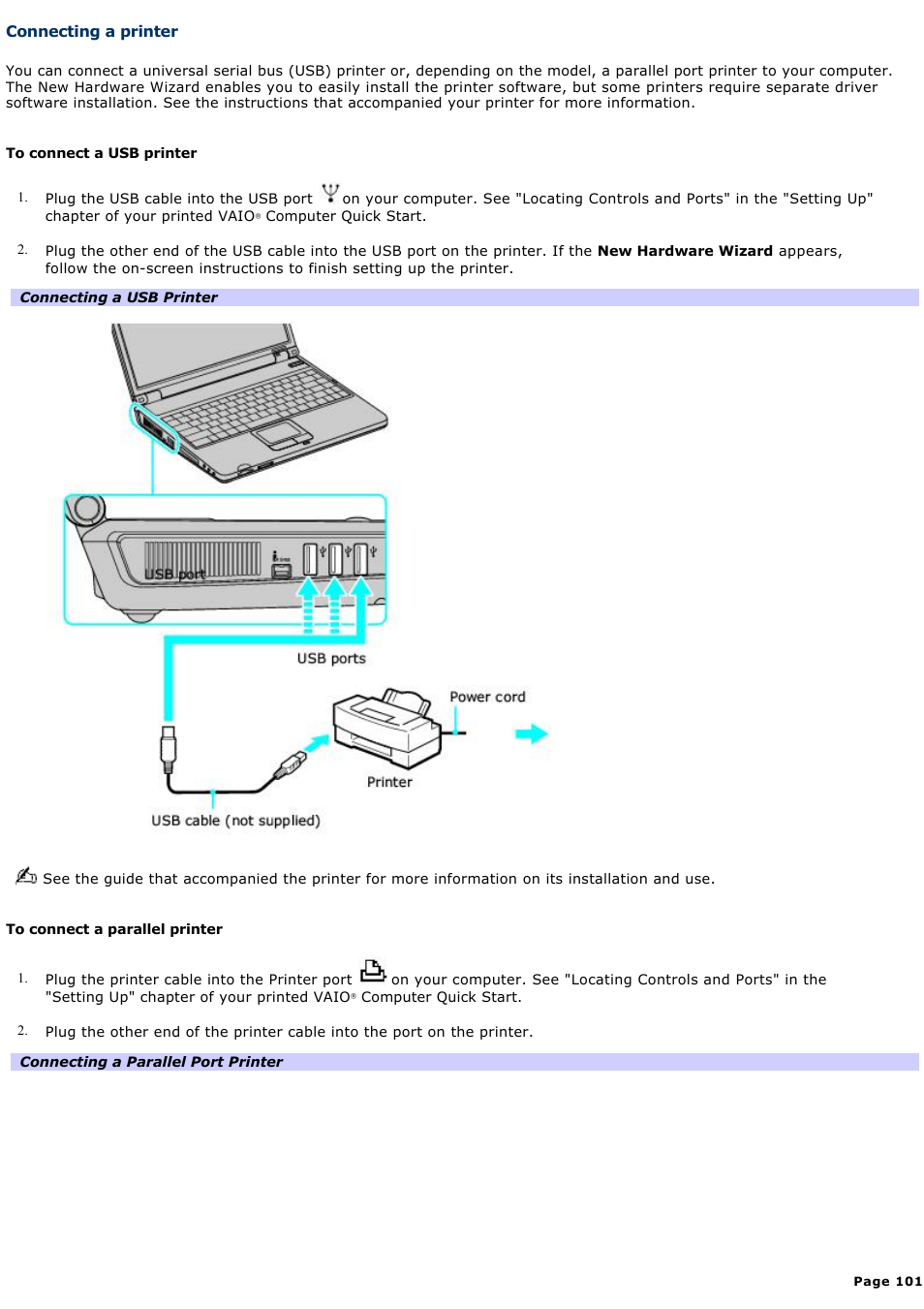 Connecting a printer | Sony PCG-K47 User Manual | Page 101 / 155