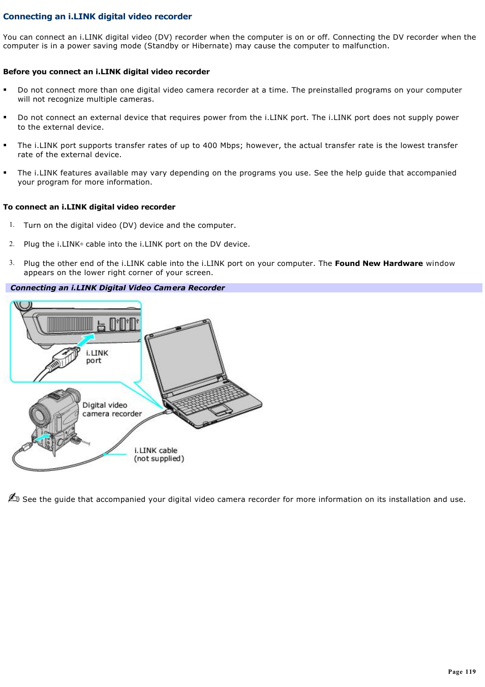 Connecting an i.link digital video recorder | Sony PCG-K47 User Manual | Page 119 / 155