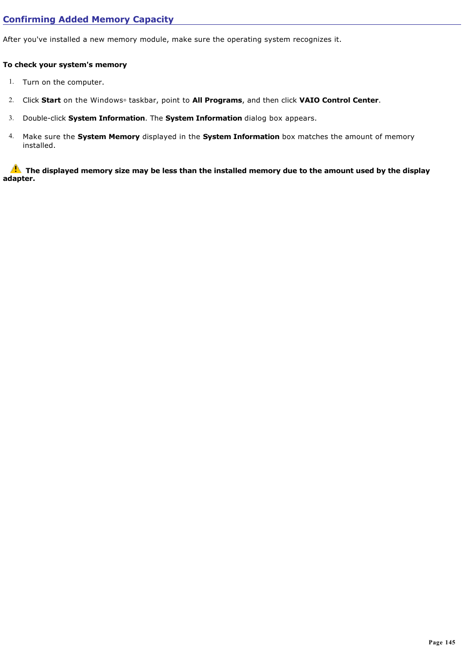 Confirming added memory capacity | Sony PCG-K47 User Manual | Page 145 / 155