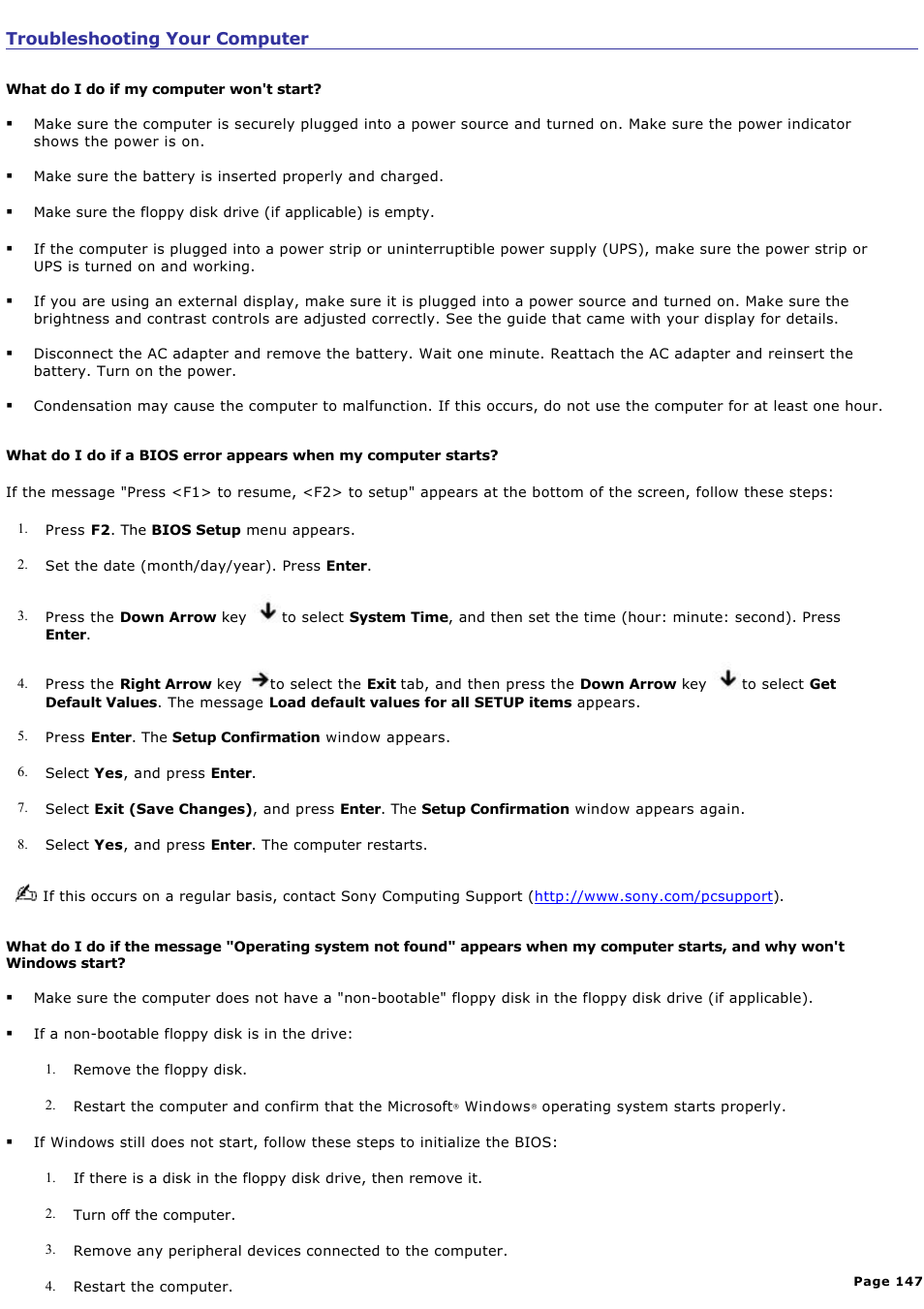 Troubleshooting your computer | Sony PCG-K47 User Manual | Page 147 / 155