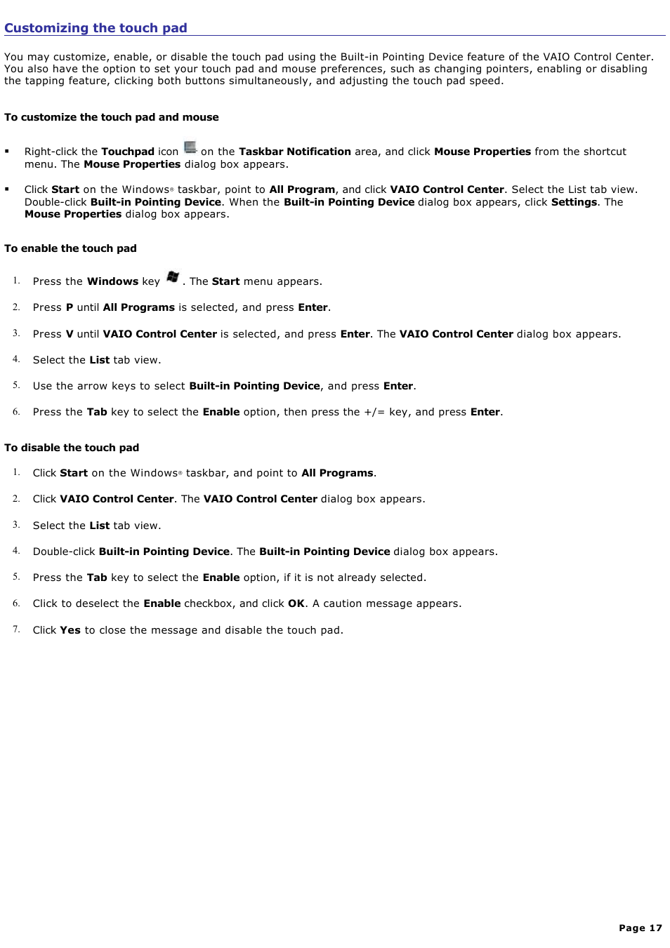 Customizing the touch pad | Sony PCG-K47 User Manual | Page 17 / 155