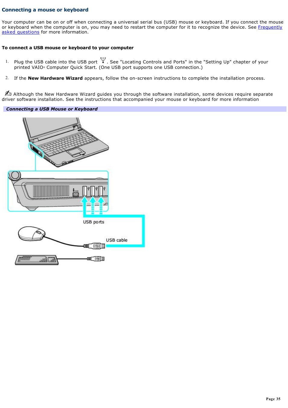 Connecting a mouse or keyboard | Sony PCG-K47 User Manual | Page 35 / 155