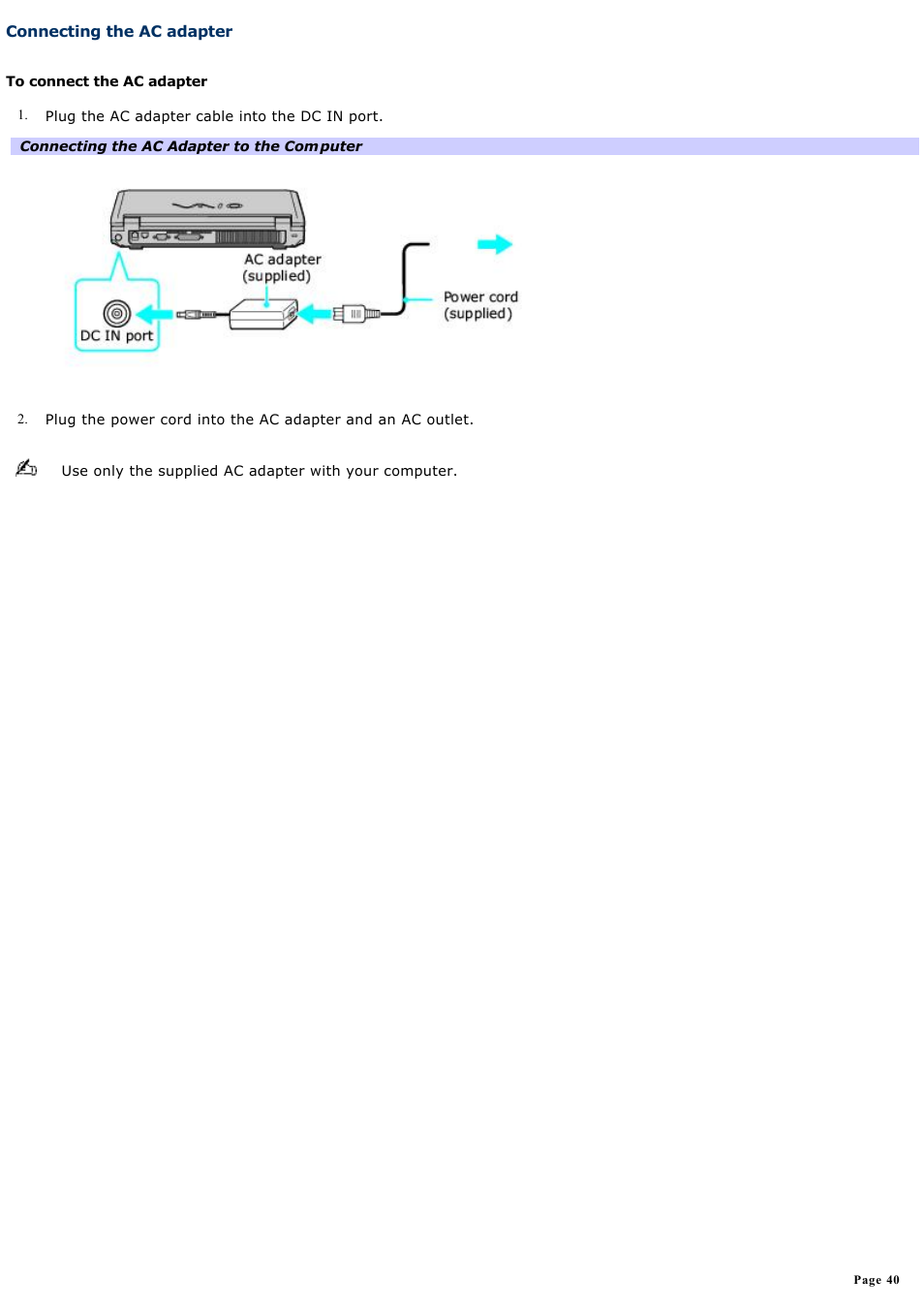 Connecting the ac adapter | Sony PCG-K47 User Manual | Page 40 / 155