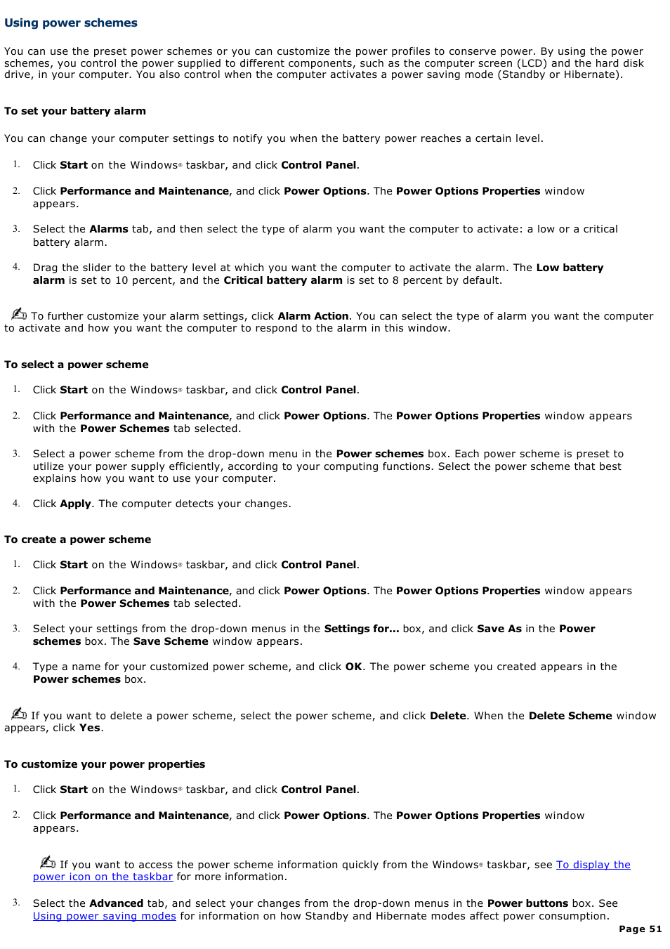 Using power schemes | Sony PCG-K47 User Manual | Page 51 / 155