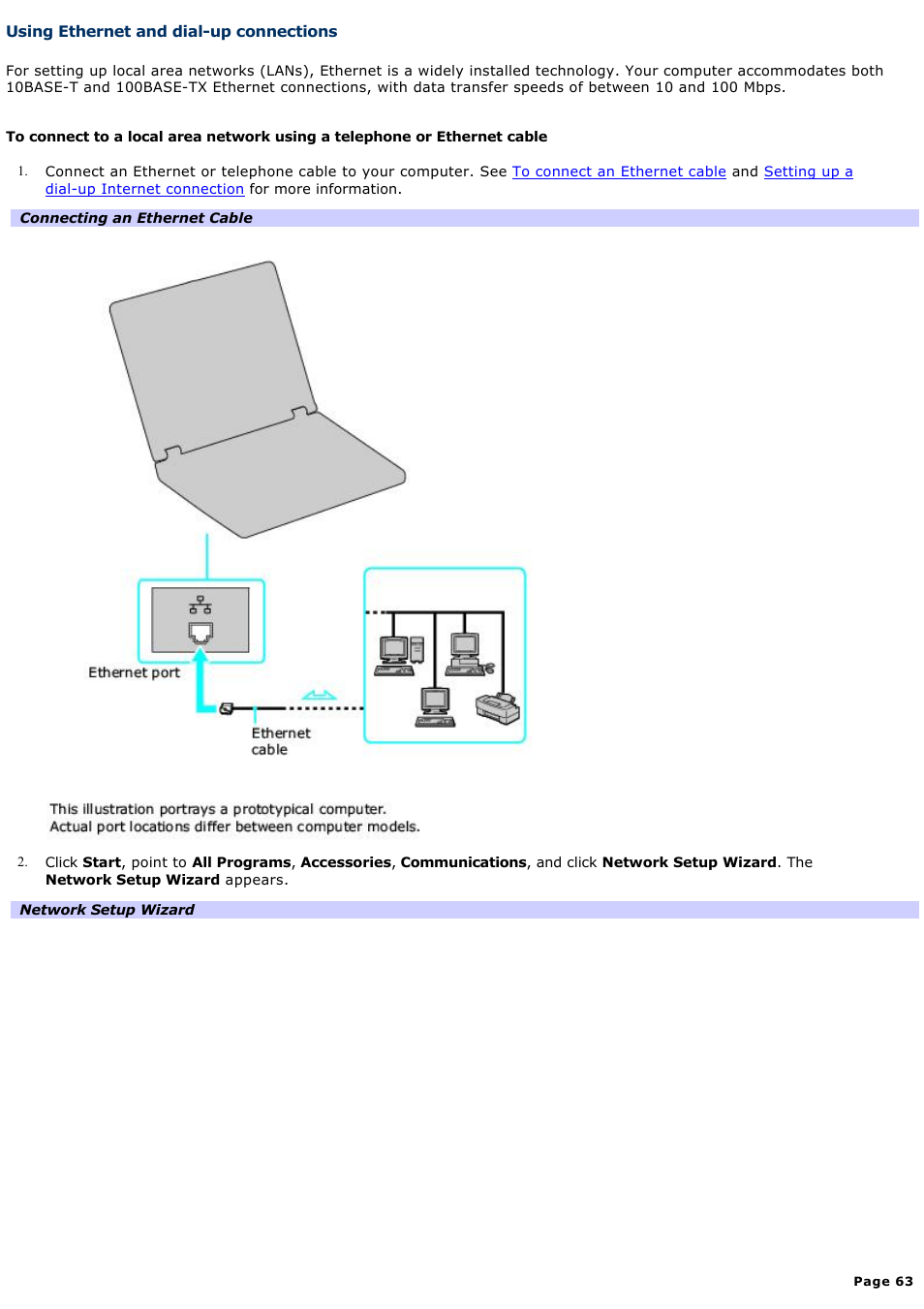 Using ethernet and dial-up connections | Sony PCG-K47 User Manual | Page 63 / 155