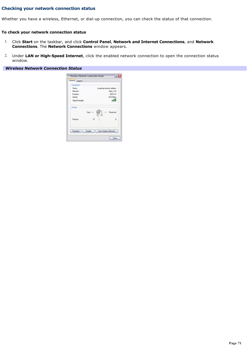 Checking your network connection status | Sony PCG-K47 User Manual | Page 71 / 155