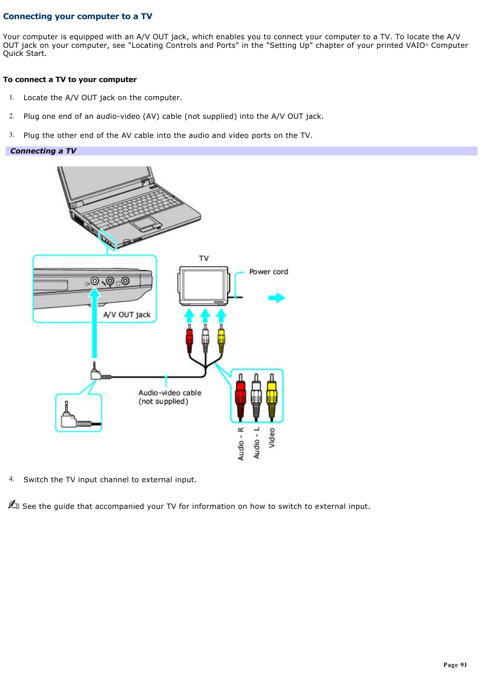 Connecting your computer to a tv | Sony PCG-K47 User Manual | Page 91 / 155