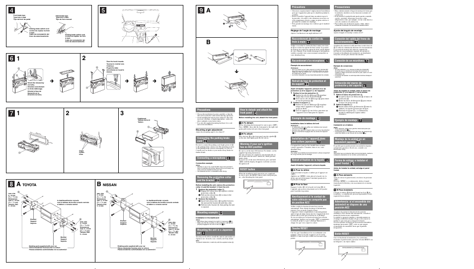Toyota, Nissan, Précautions | Raccordement du cordon du frein à main, Raccordement d’un microphone, Retrait du tour de protection et du support, Exemple de montage, Retrait et fi xation de la façade, Touche reset, How to detach and attach the front panel | Sony MEX-DV2000 User Manual | Page 2 / 2
